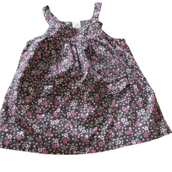 Carters Sleeveless Dress Girls Size 12M Brown Pink Floral Pullover Front Pockets - Picture 1 of 4